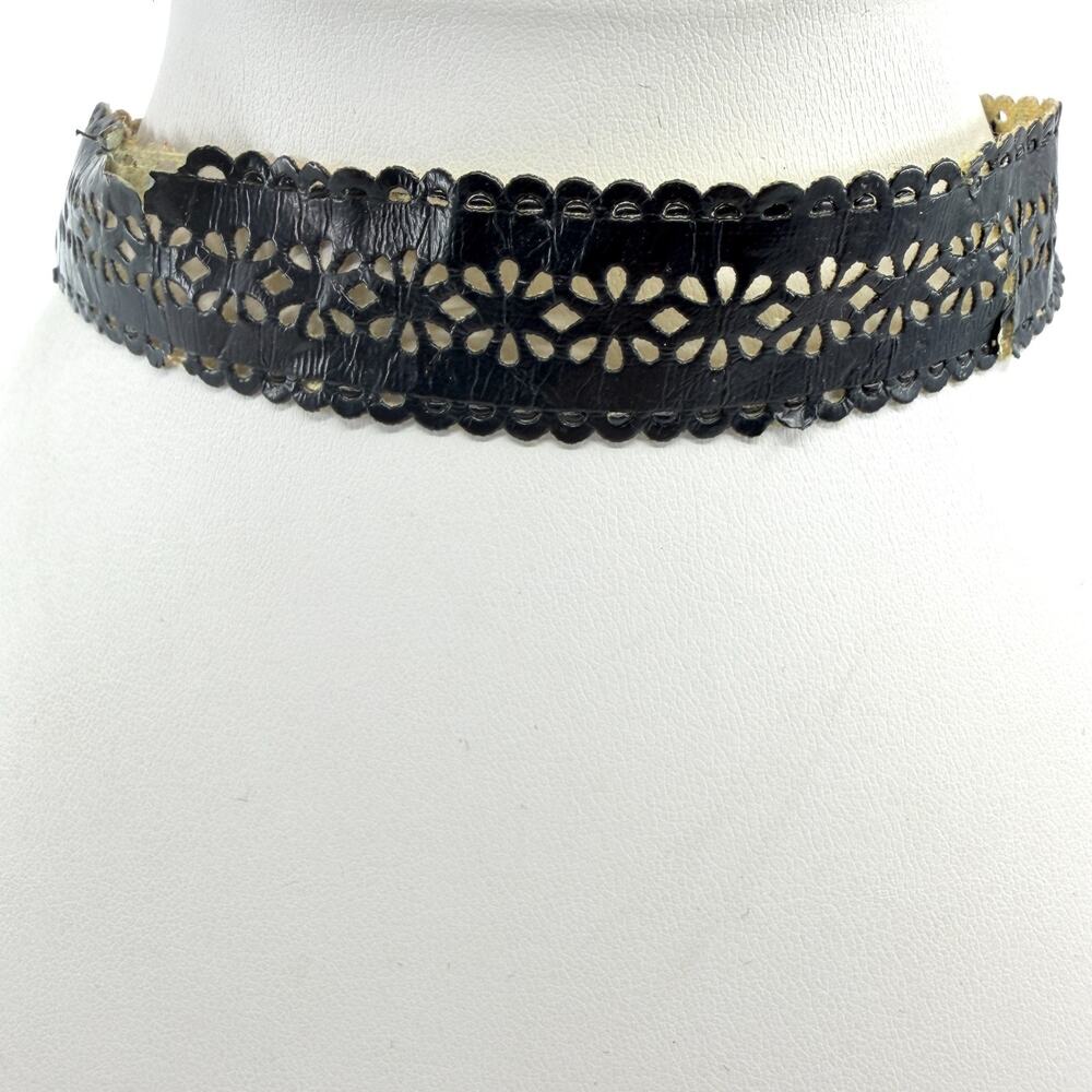 Gothic Black Leather Laser Cut Flower Choker Necklace Statement Festival Boho